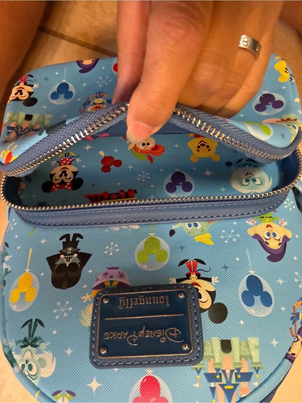 Disney Loungefly Light Blue Backpack with Minnie, Mickey & Park Icons